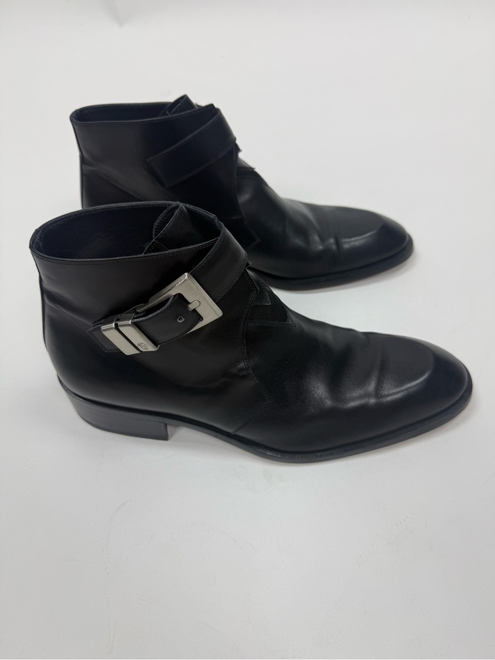 Versace Black Leather Chukka Boots with Silver Buckle